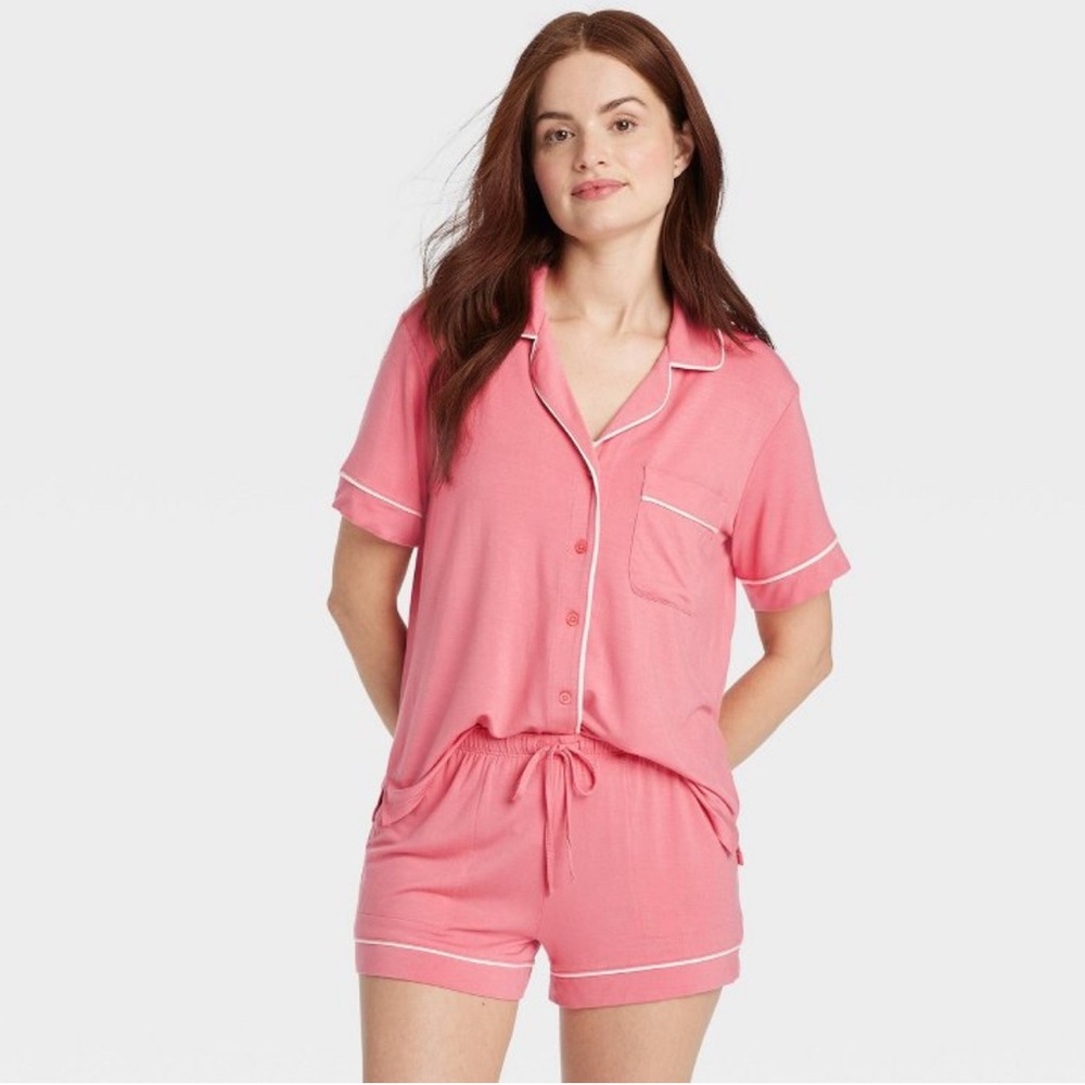 Auden Pink Pajama Set with Notched Collar and Contrast Piping